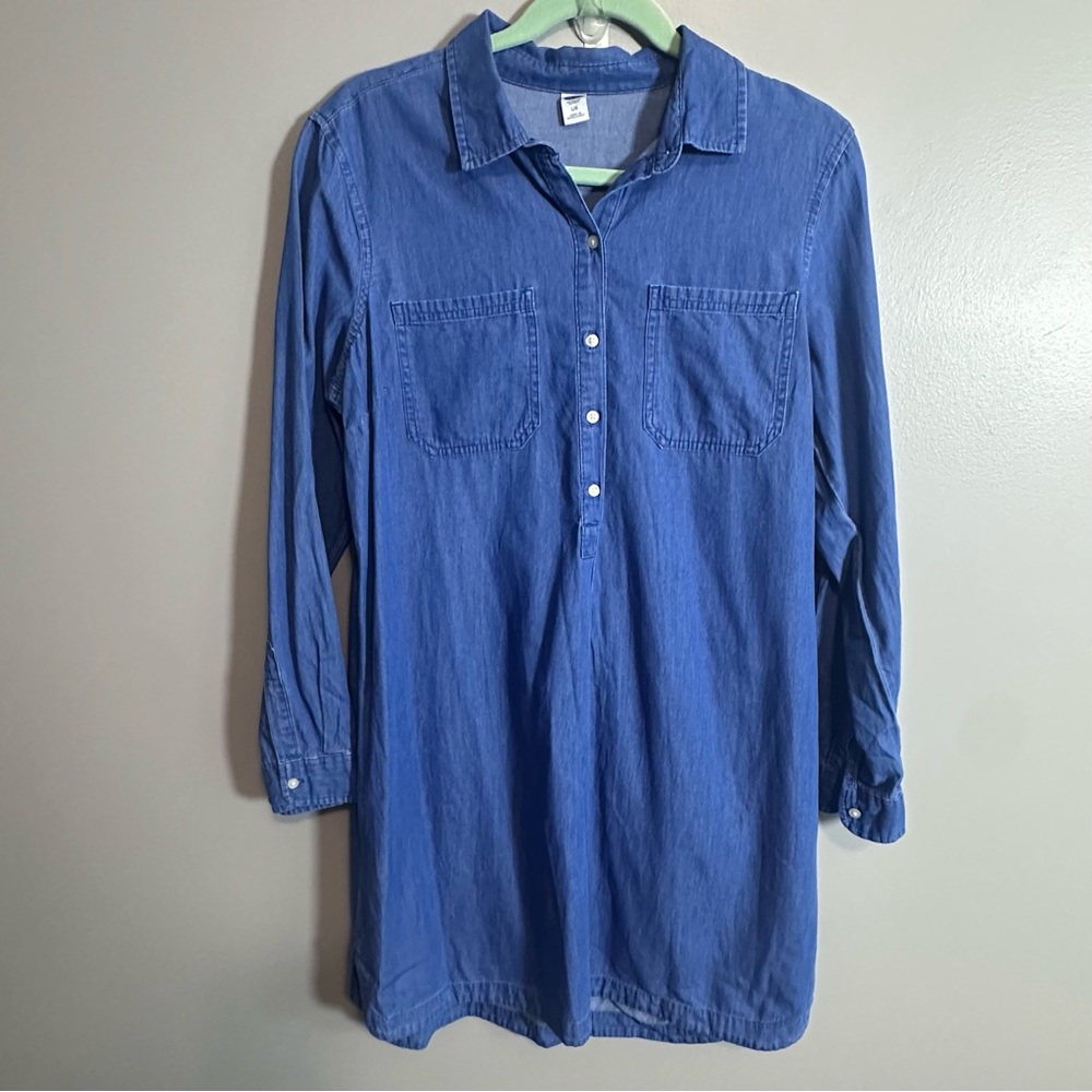 Old Navy Womens Large Blue Chambray Shirt Dress Tunic Button Front Cotton